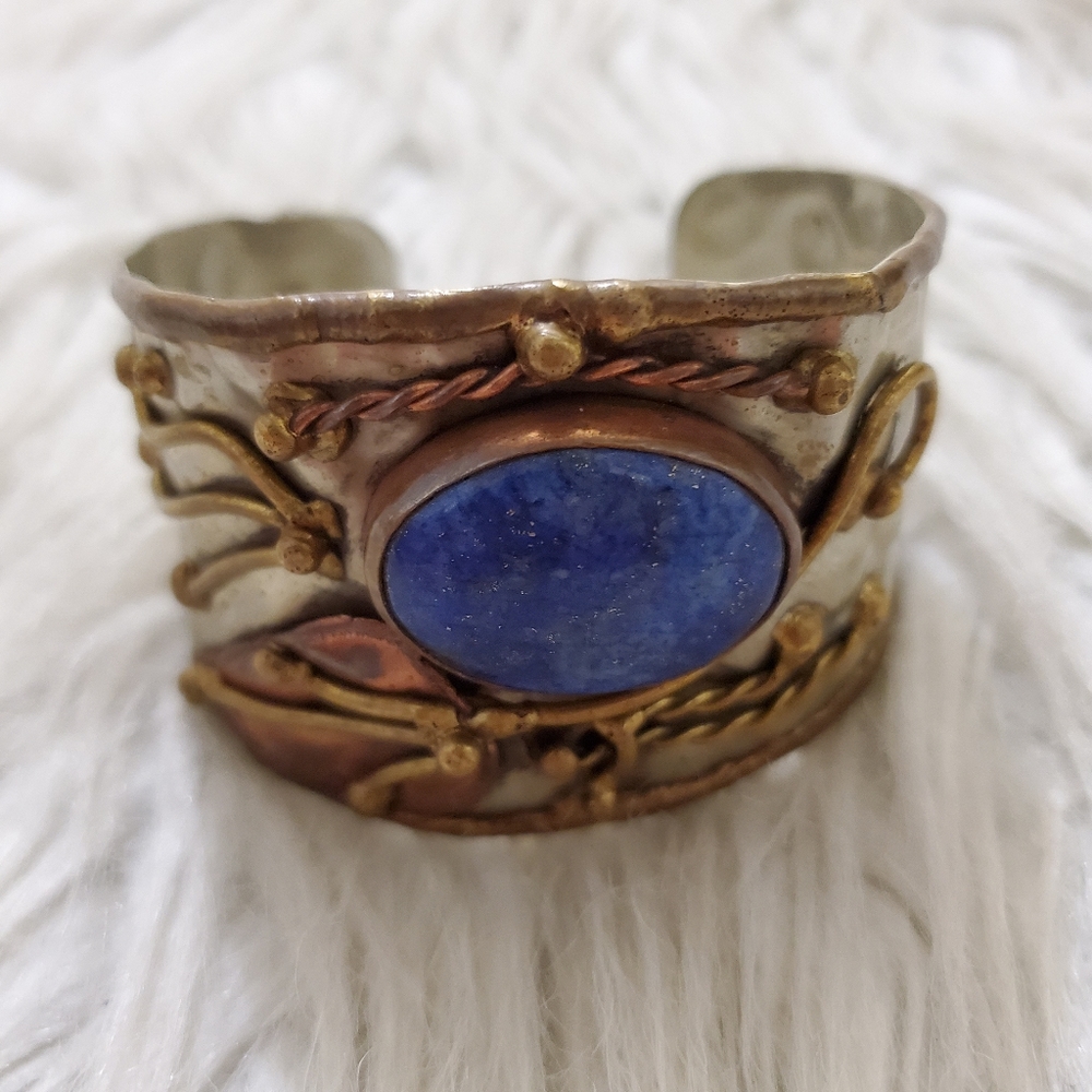 Tin & Brass Cuff Bracelet Blue Stone Leaf Design